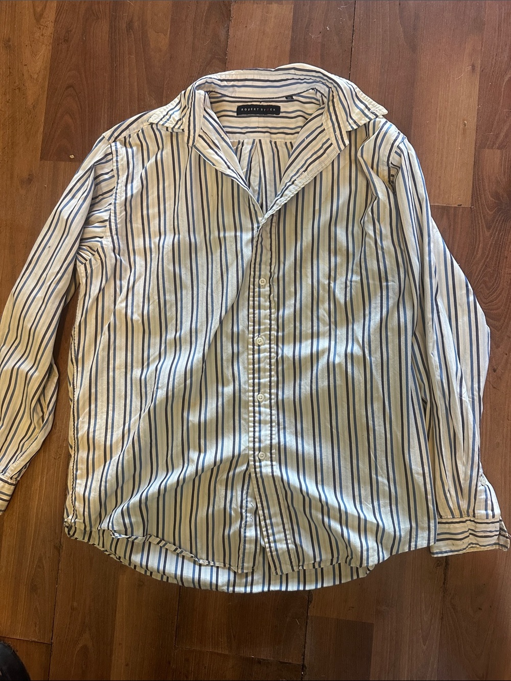 Robert Barakett White Shirt with Navy and Light Blue Stripes